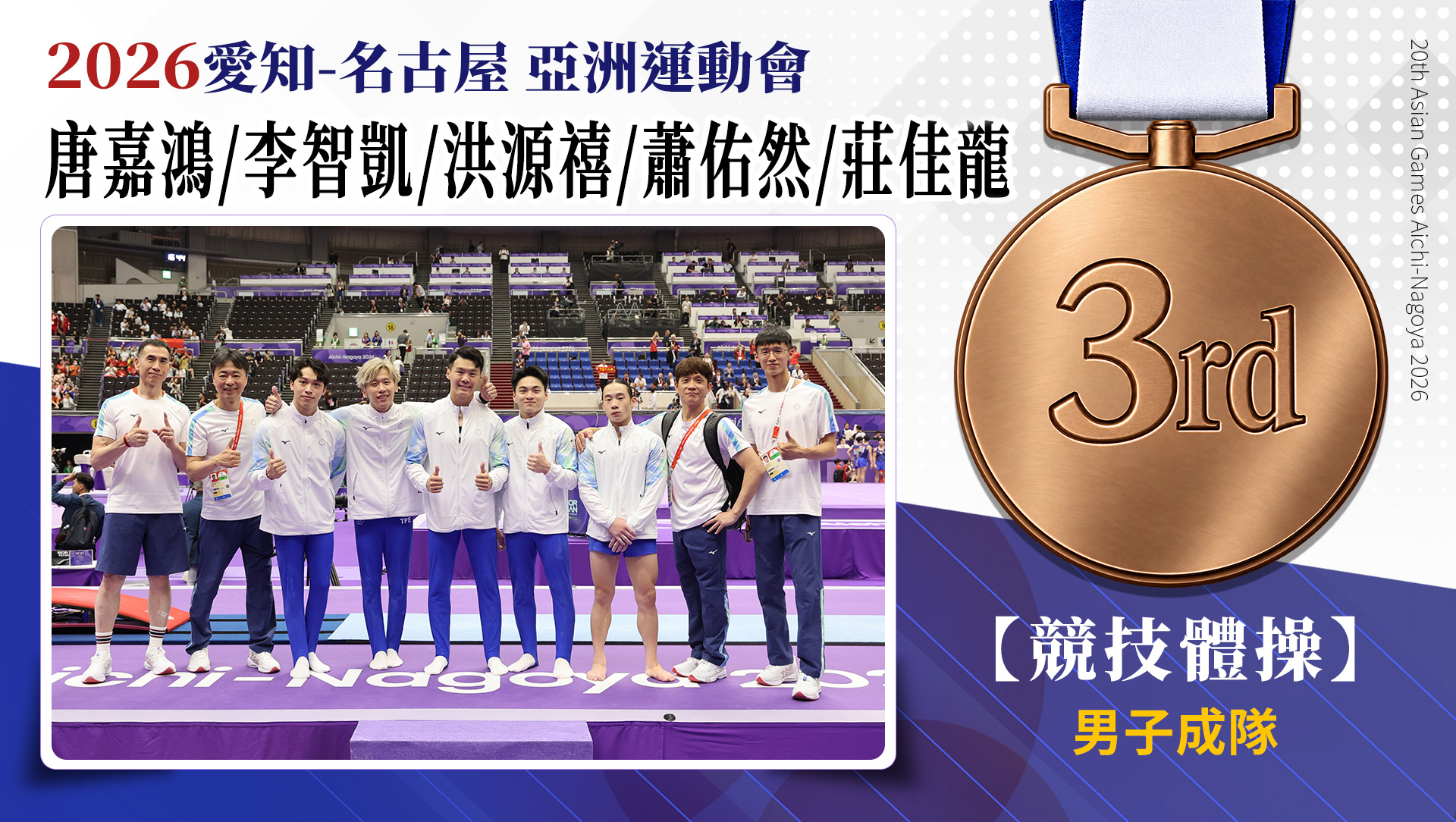 賀！本校體操隊李智凱、洪源禧、林宜蓁 參加2026年亞運榮獲競技體操 男子成隊銅牌、女子成隊第7名佳績